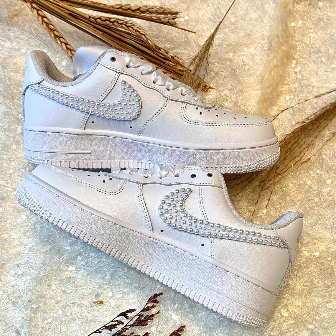 Custom Air Force 1 White Pearl Embellished with Satin Laces