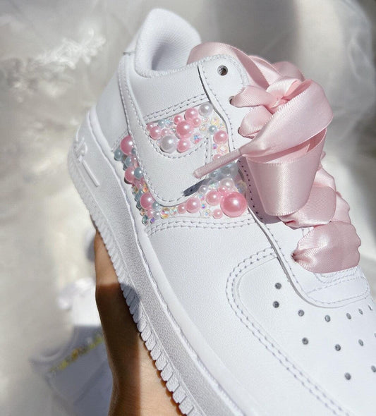 Custom Air Force 1 White Pink Pearls And Satin Ribbon
