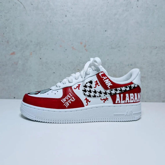 Custom Air Force 1 White Red With Houndstooth And Alabama Logos