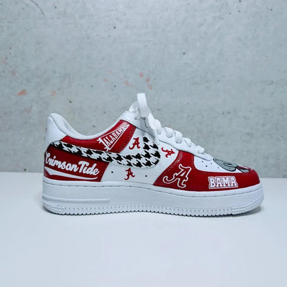 Custom Air Force 1 White Red With Houndstooth And Alabama Logos