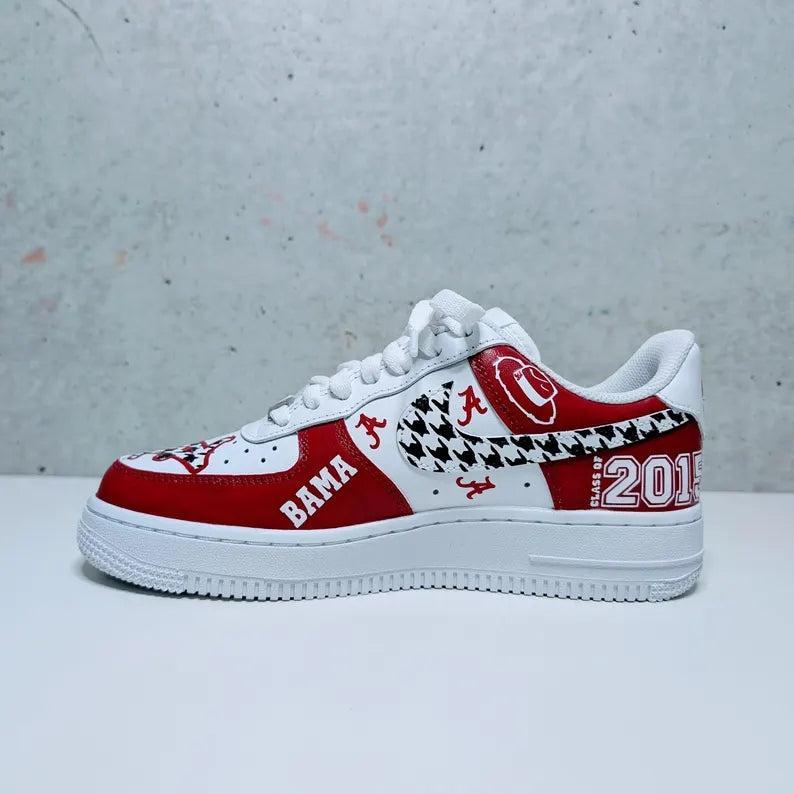 Custom Air Force 1 White Red With Houndstooth And Alabama Logos
