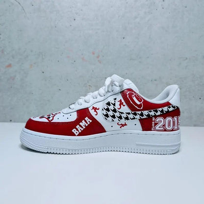 Custom Air Force 1 White Red With Houndstooth And Alabama Logos