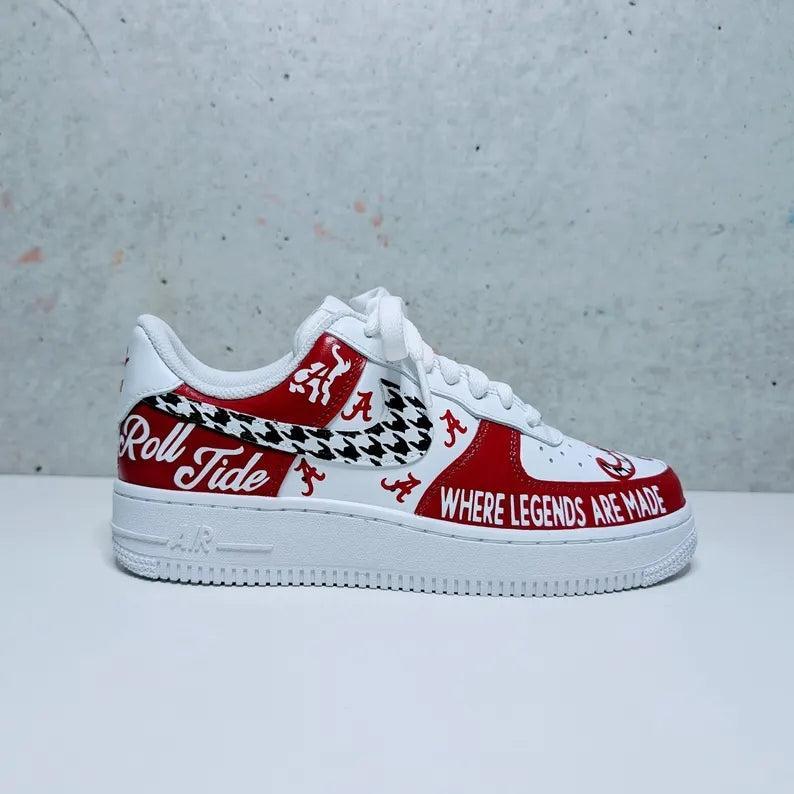 Custom Air Force 1 White Red With Houndstooth And Alabama Logos