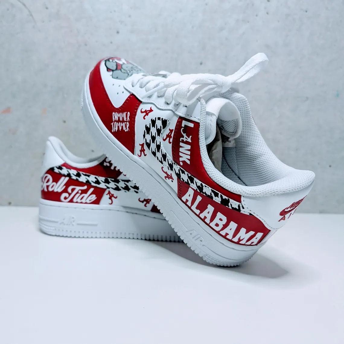 Custom Air Force 1 White Red With Houndstooth And Alabama Logos