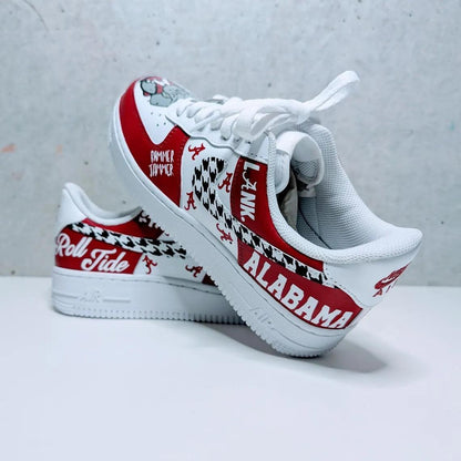 Custom Air Force 1 White Red With Houndstooth And Alabama Logos