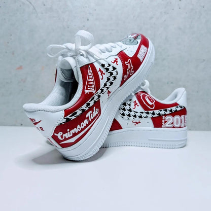 Custom Air Force 1 White Red With Houndstooth And Alabama Logos