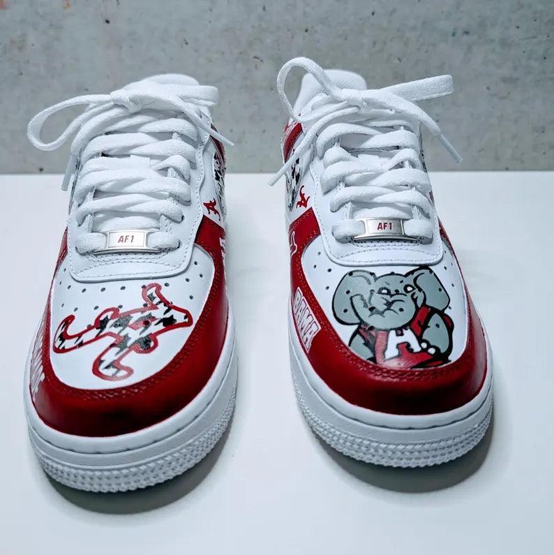 Custom Air Force 1 White Red With Houndstooth And Alabama Logos
