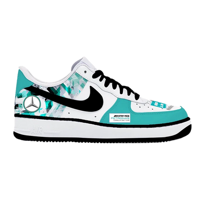 Custom Air Force 1 White Teal Diamond Pattern Mercedes Logo