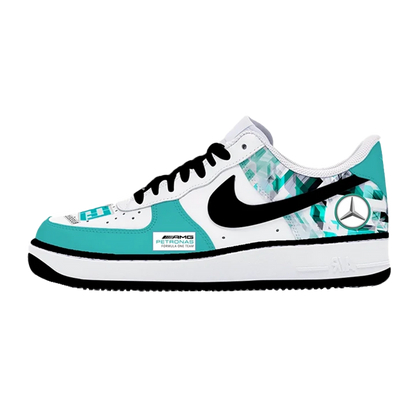 Custom Air Force 1 White Teal Diamond Pattern Mercedes Logo