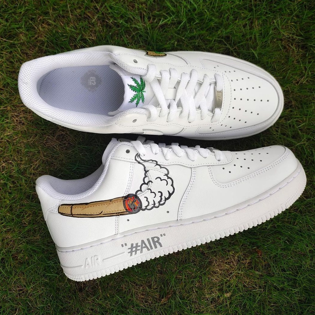 Custom Air Force 1 White Weed And Cartoon Graphic