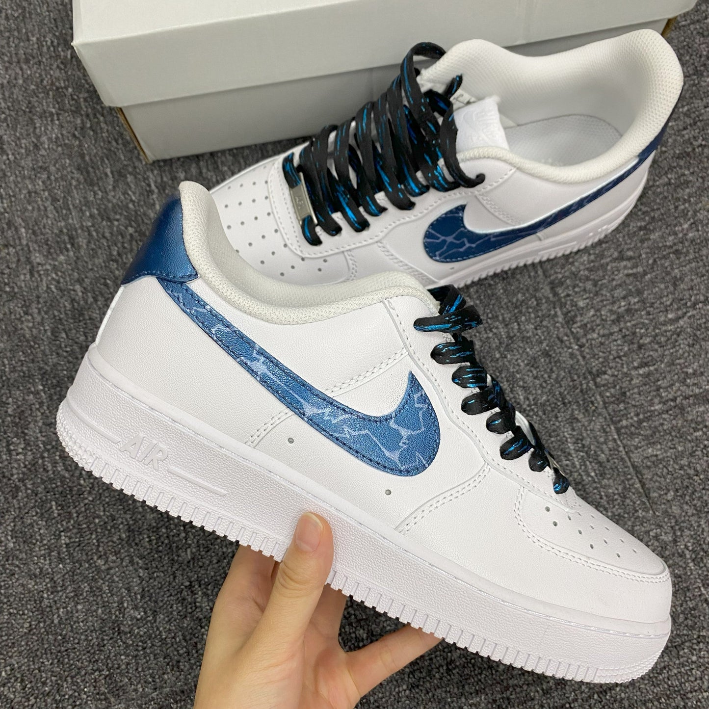Custom Air Force 1 White With Blue Crackle Pattern And Blue