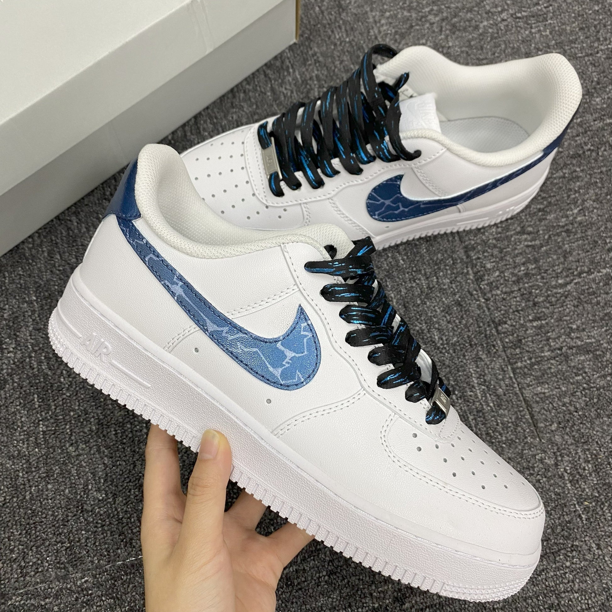 Custom Air Force 1 White With Blue Crackle Pattern And Blue