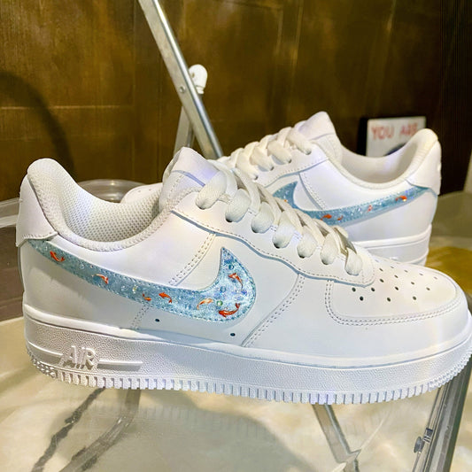 Custom Air Force 1 White With Blue Glitter And Goldfish Pattern