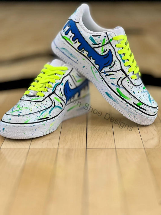 Custom Air Force 1 White With Blue Green Splatter And Yellow Laces