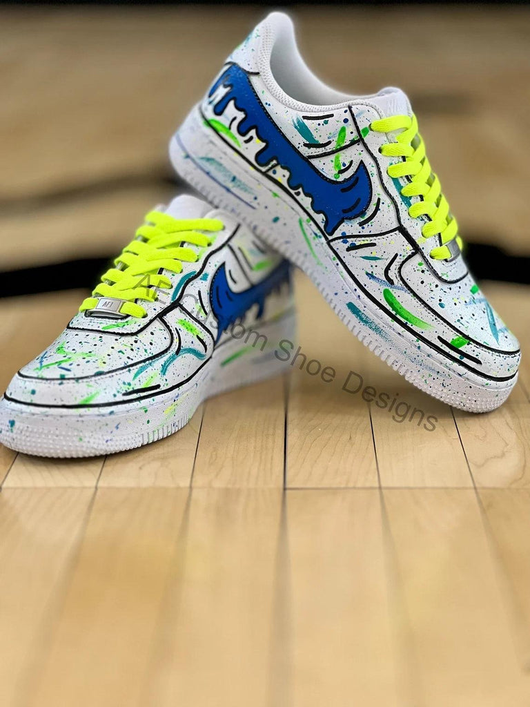 Custom Air Force 1 White With Blue Green Splatter And Yellow Laces
