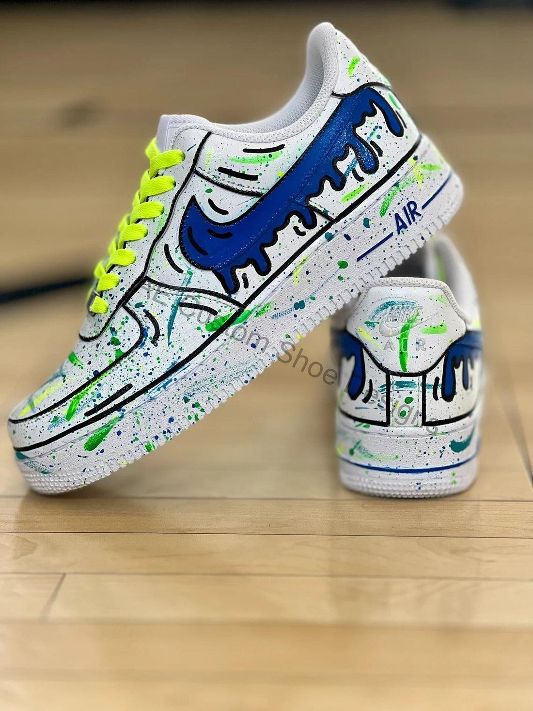 Custom Air Force 1 White With Blue Green Splatter And Yellow Laces