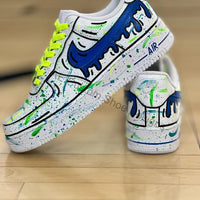 Custom Air Force 1 White With Blue Green Splatter And Yellow Laces
