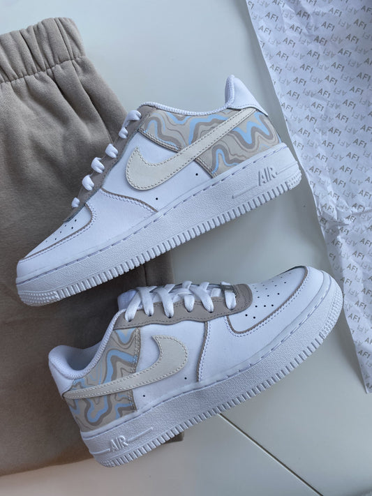 Custom Air Force 1 White With Blue Grey Wavy Pattern