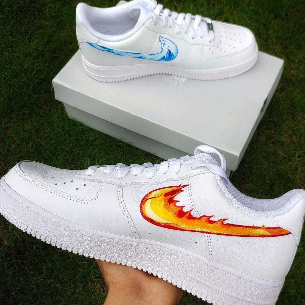 Custom Air Force 1 White With Blue Wave And Orange Flame Swoosh