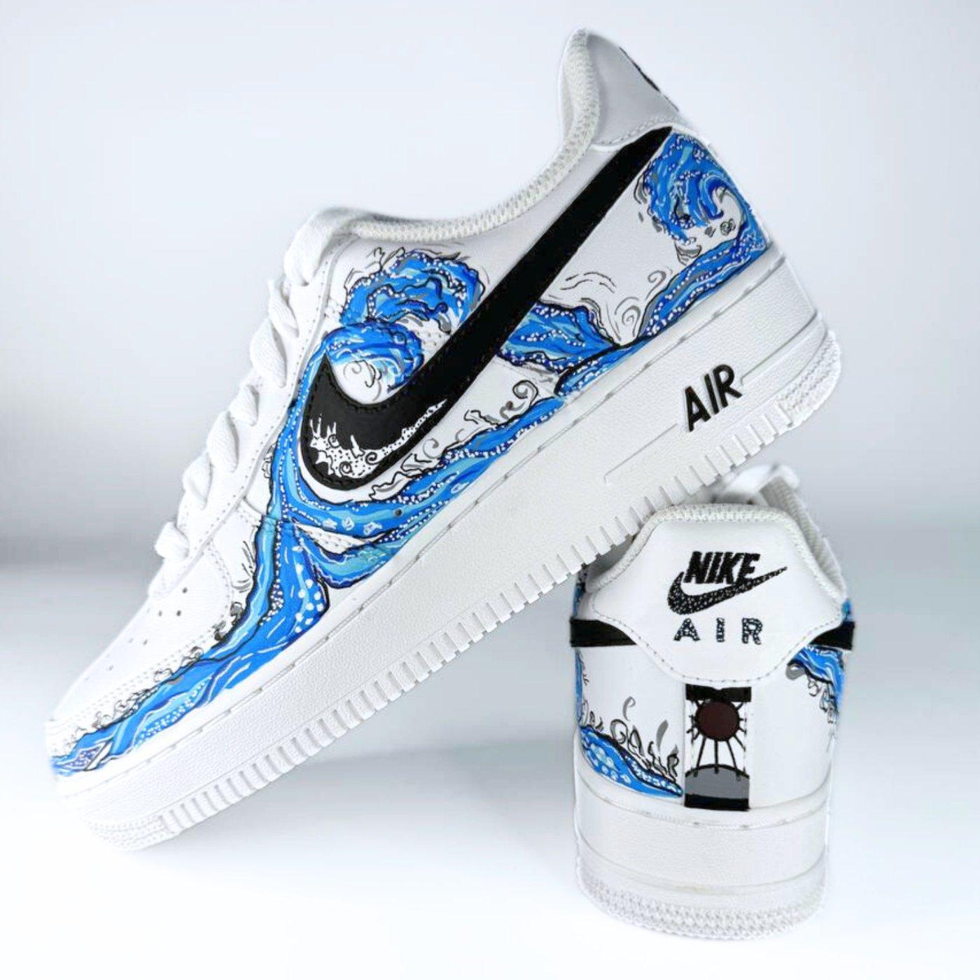 Custom Air Force 1 White With Blue Wave Patterns