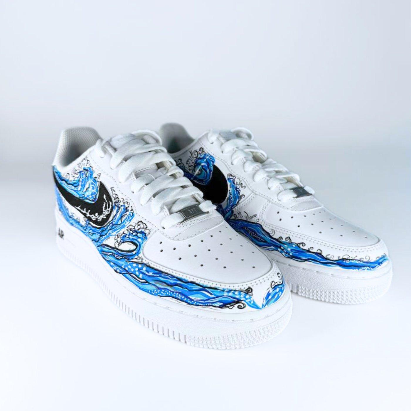 Custom Air Force 1 White With Blue Wave Patterns