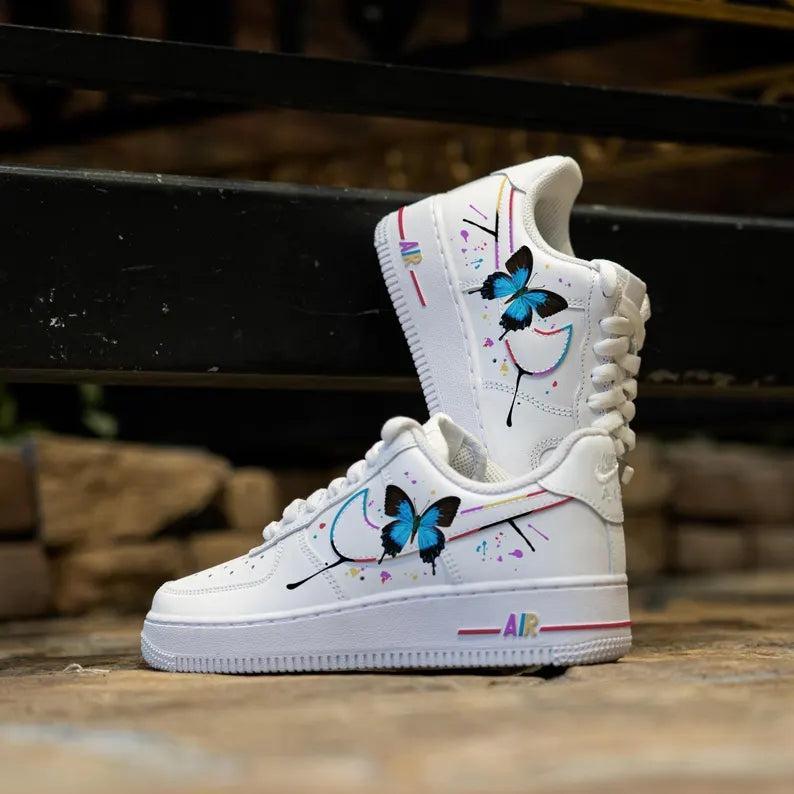 Custom Air Force 1 White With Butterfly Colorful Ink Splatter