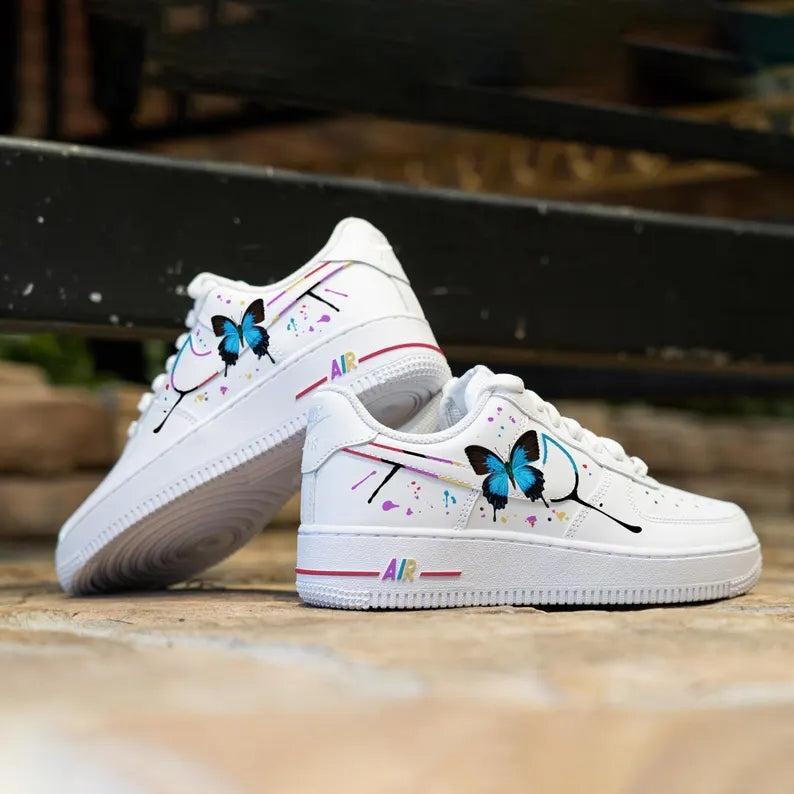 Custom Air Force 1 White With Butterfly Colorful Ink Splatter
