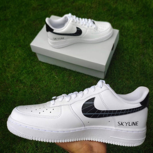 Custom Air Force 1 White With Checkered Swoosh And Skyline Text