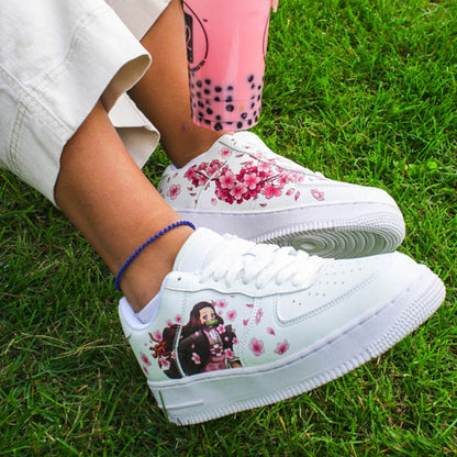 Custom Air Force 1 White With Cherry Blossom And Anime Character Design