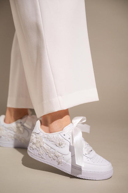 Custom Air Force 1 White With Floral Embroidery And Pearl