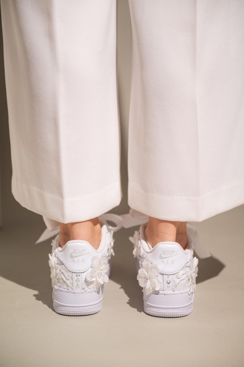 Custom Air Force 1 White With Floral Embroidery And Pearl
