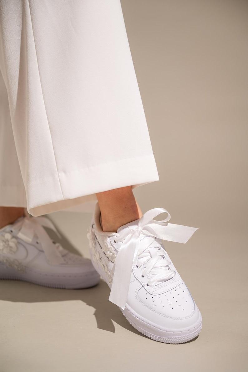 Custom Air Force 1 White With Floral Embroidery And Pearl