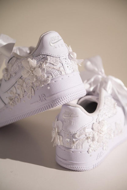 Custom Air Force 1 White With Floral Embroidery And Pearl