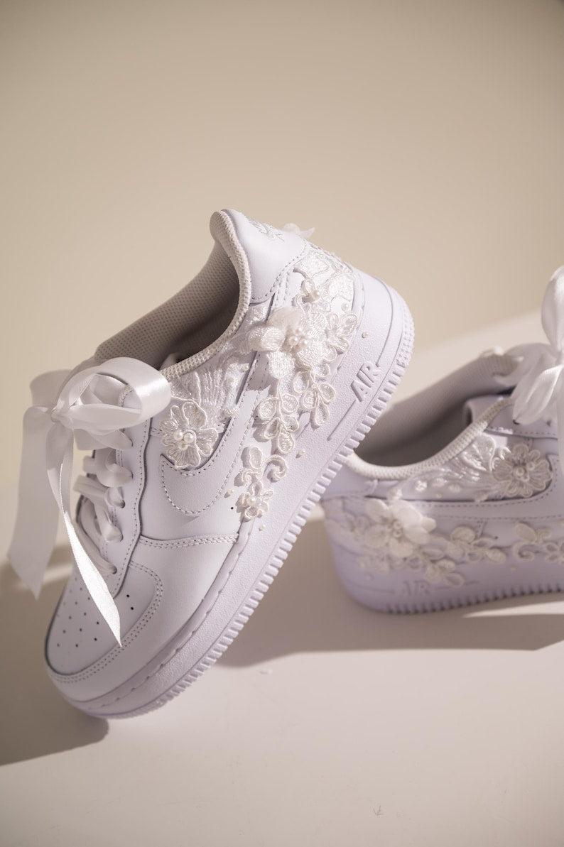 Custom Air Force 1 White With Floral Embroidery And Pearl