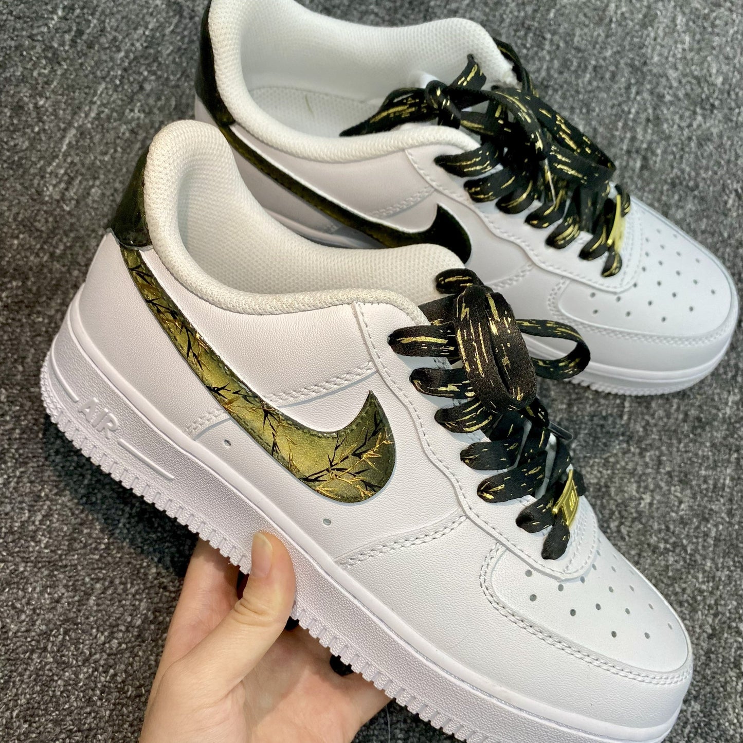 Custom Air Force 1 White With Gold Crack - like Pattern And Black Laces With Gold Accents