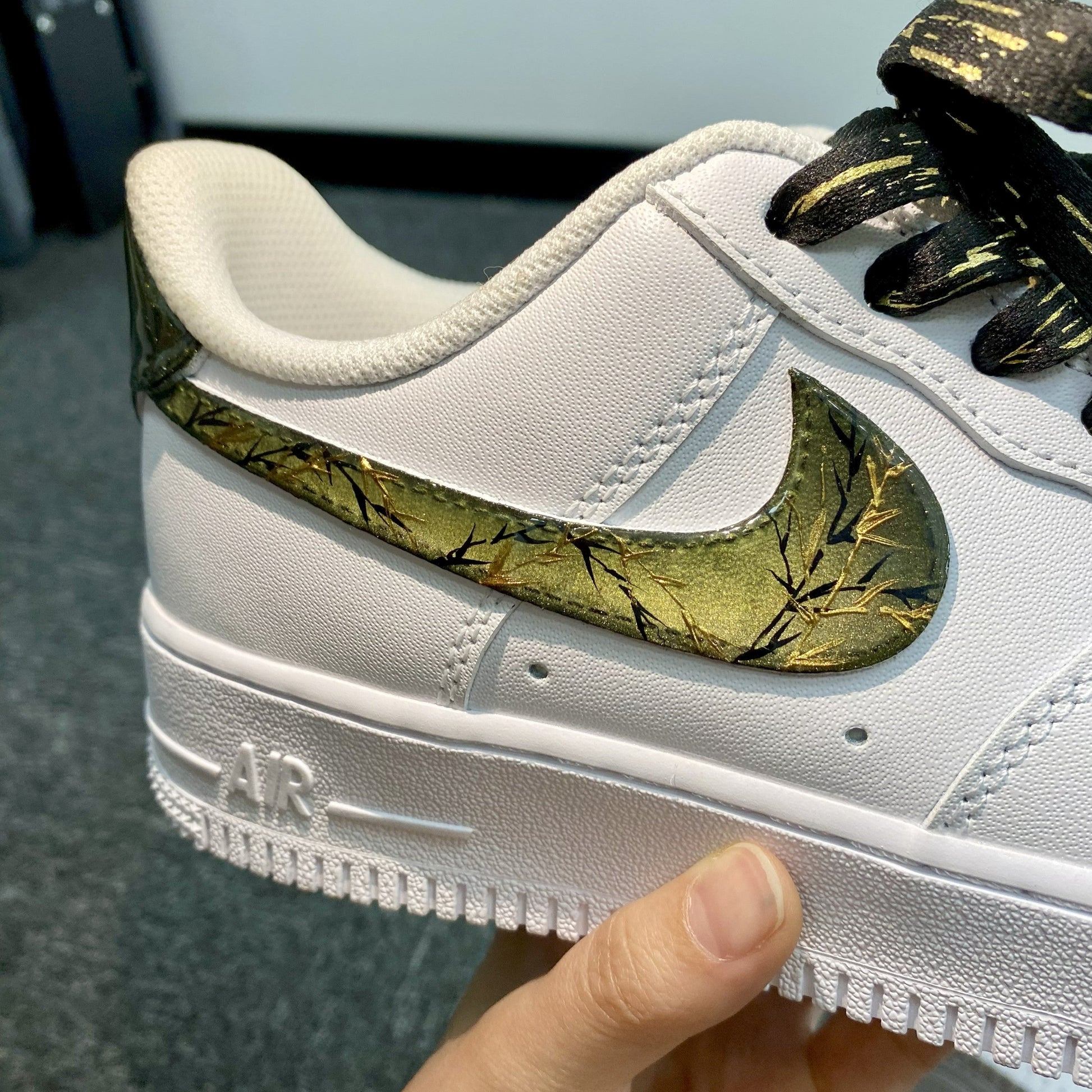 Custom Air Force 1 White With Gold Crack - like Pattern And Black Laces With Gold Accents