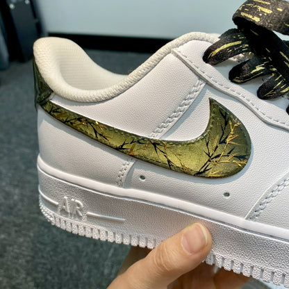 Custom Air Force 1 White With Gold Crack - like Pattern And Black Laces With Gold Accents