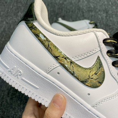 Custom Air Force 1 White With Gold Crack - like Pattern And Black Laces With Gold Accents