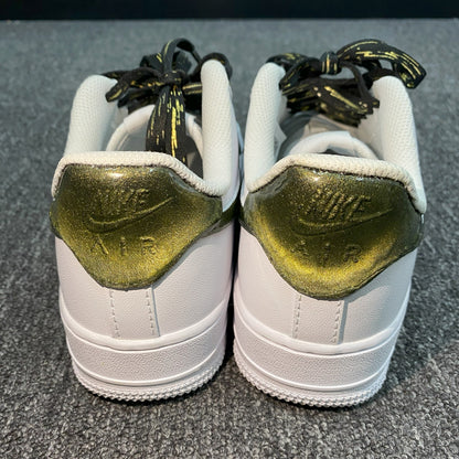 Custom Air Force 1 White With Gold Crack - like Pattern And Black Laces With Gold Accents
