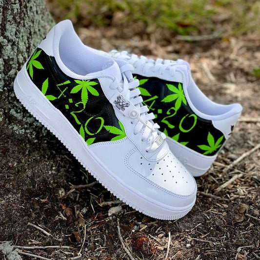Custom Air Force 1 White With Green Cannabis Leaf Pattern