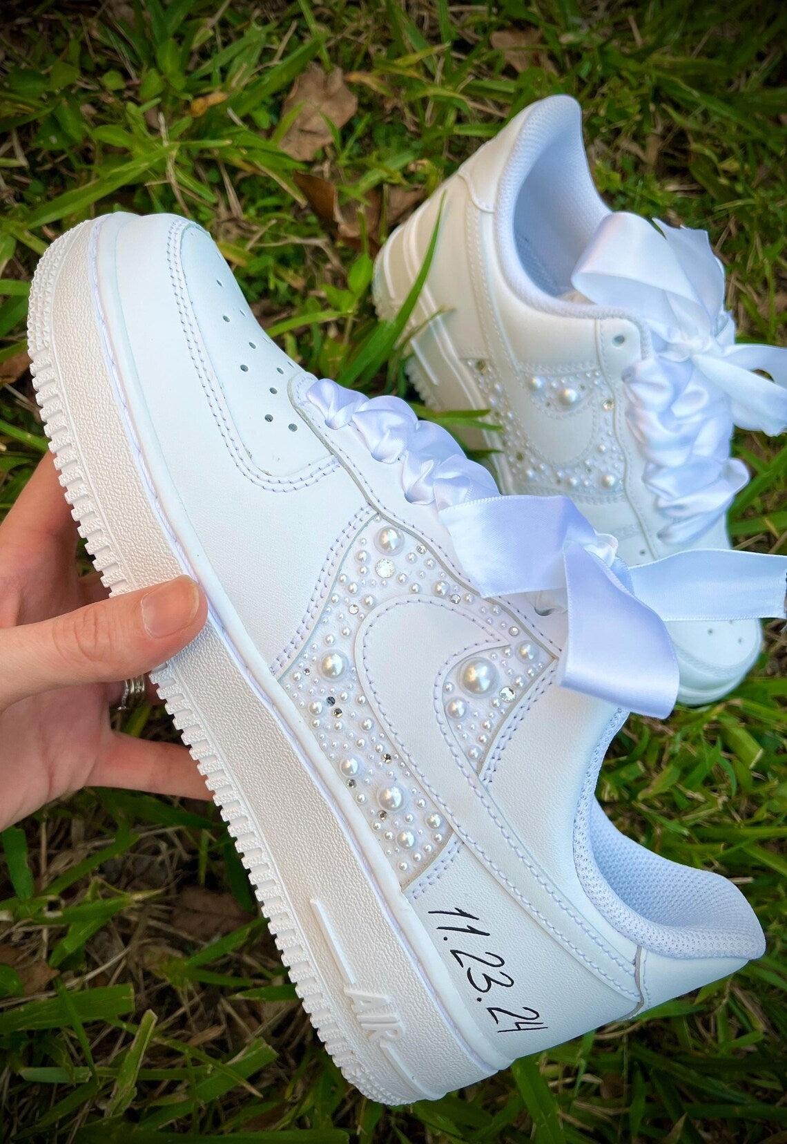 Custom Air Force 1 White With Pearls And Ribbons