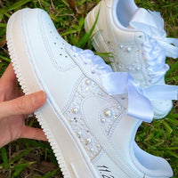 Custom Air Force 1 White With Pearls And Ribbons