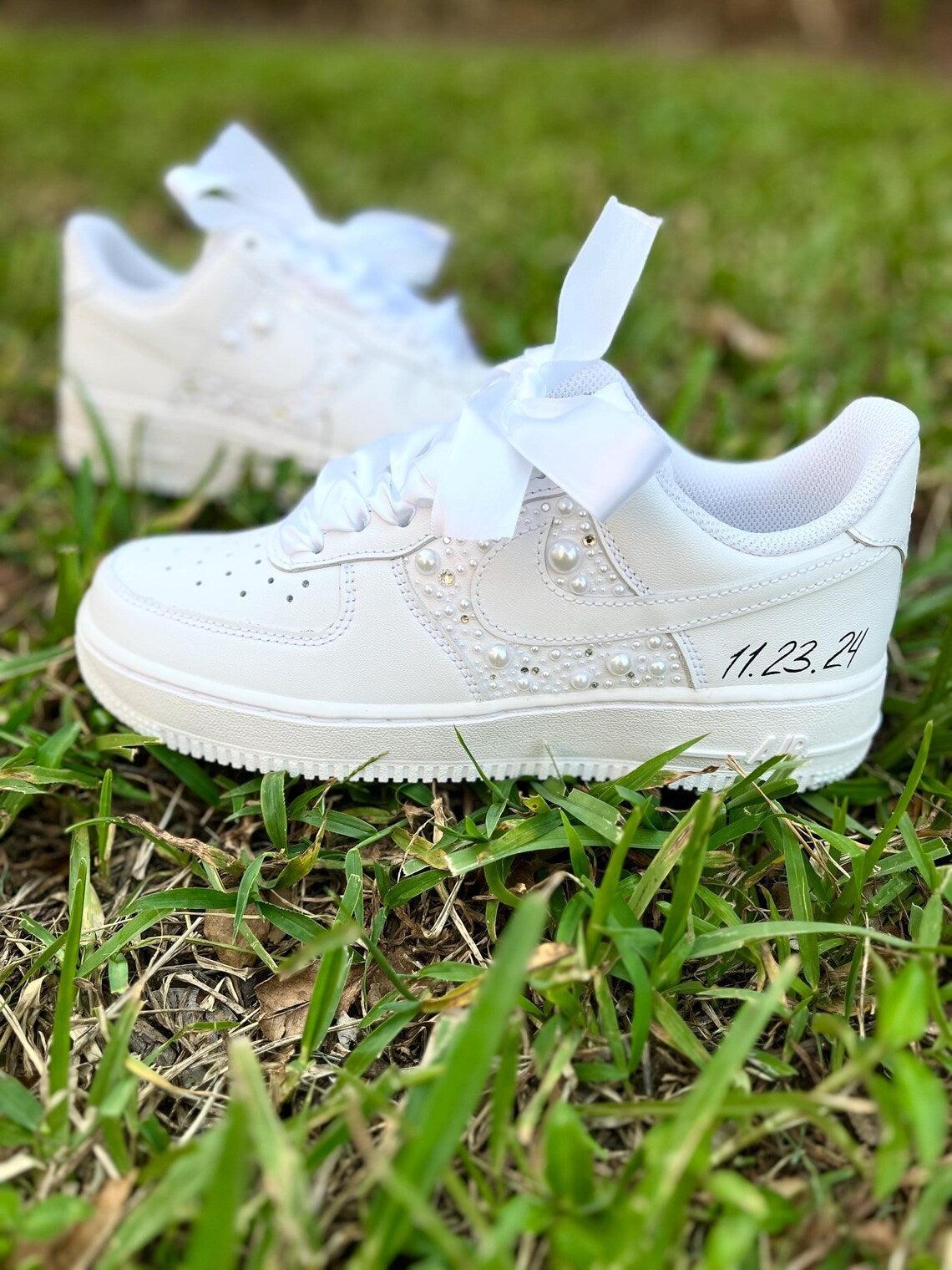 Custom Air Force 1 White With Pearls And Ribbons