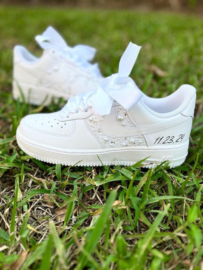 Custom Air Force 1 White With Pearls And Ribbons