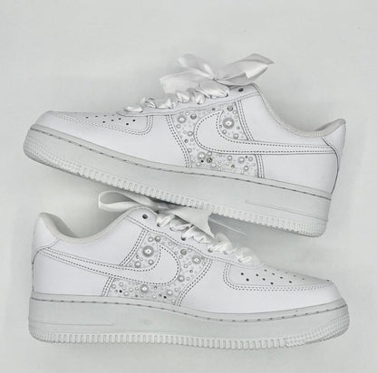 Custom Air Force 1 White With Pearls And Ribbons