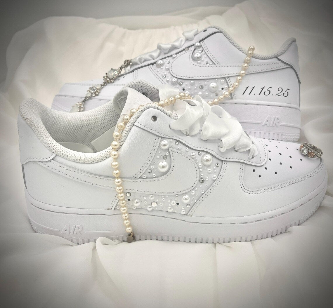 Custom Air Force 1 White With Pearls And Ribbons