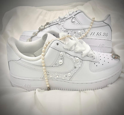 Custom Air Force 1 White With Pearls And Ribbons