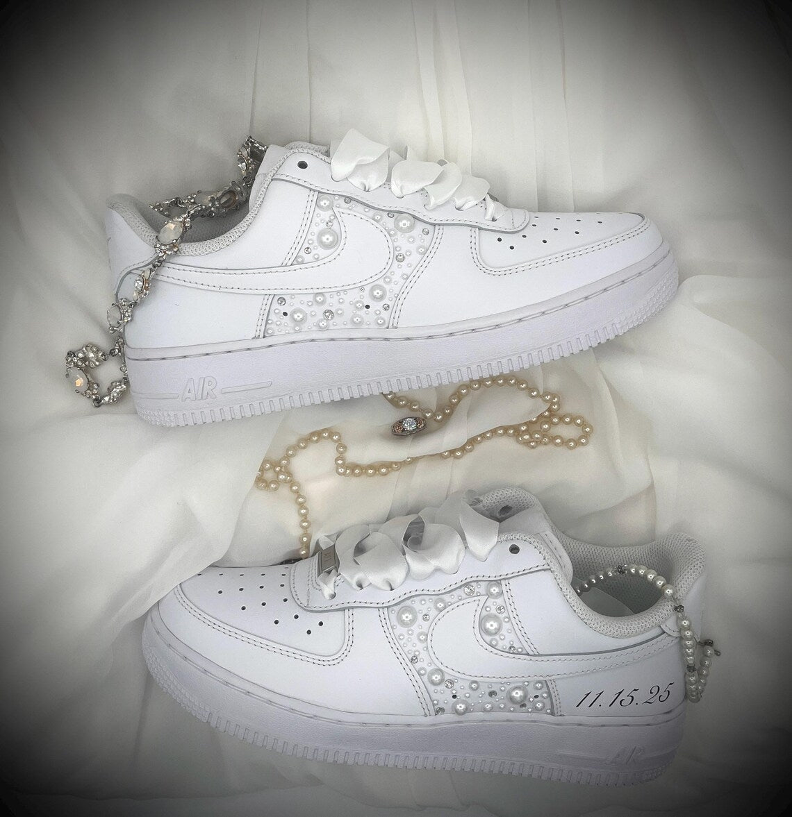 Custom Air Force 1 White With Pearls And Ribbons