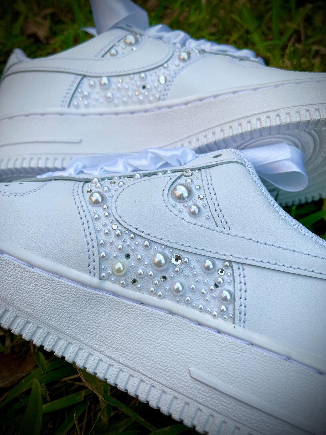 Custom Air Force 1 White With Pearls And Ribbons