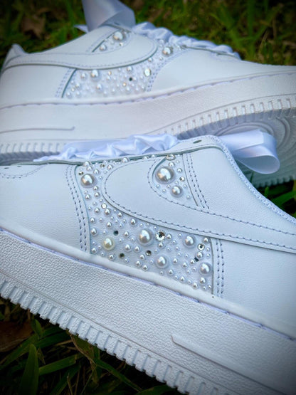 Custom Air Force 1 White With Pearls And Ribbons